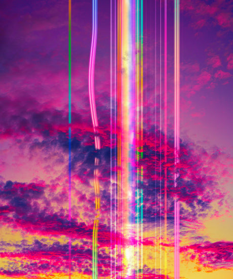 SNAKES AND LADDERS: A vibrant digital illustration featuring streaks of light in various hues of pink, blue, green, and yellow traversing through a dramatic cloudscape at sunset. The colorful streaks create an abstract and energetic visual, contrasting with the soft, pink and orange hues of the sky.