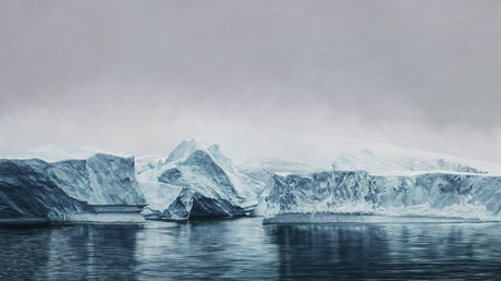 DECEPTION ISLAND ANTARCTICA: A stunning view of massive icebergs floating in the Antarctic Ocean. The sky is overcast with clouds, creating a dramatic and ethereal atmosphere. The icebergs are sculpted into unique and beautiful shapes by the forces of nature, showcasing the power and beauty of the polar landscape.