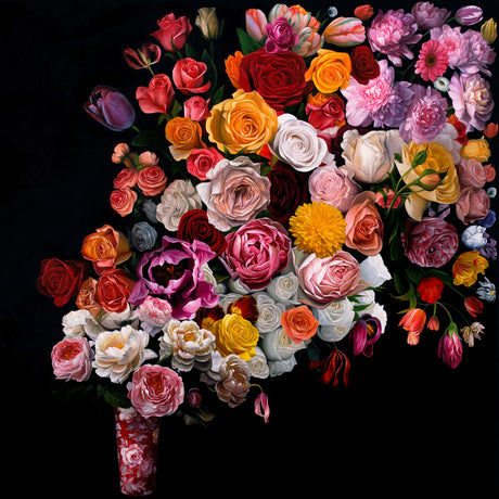 TRUTH: This image shows a vibrant and colorful bouquet of spring flowers arranged in a vase against a black background. The bouquet features a variety of flowers, including roses, tulips, peonies, and lilies, all in shades of pink, red, yellow, orange, and white. The flowers are arranged in a cascade, creating a sense of movement and energy. The black background provides a stark contrast to the colorful flowers, highlighting their beauty and vibrancy.