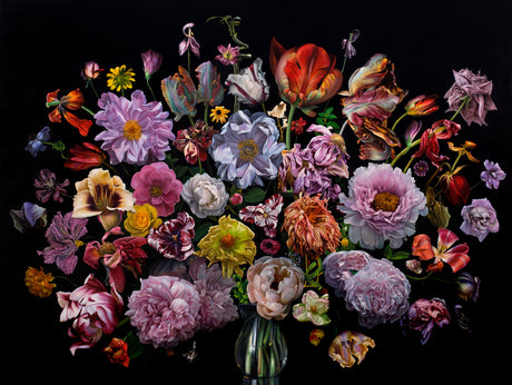 CARAVAGGIO: A still life photograph showcasing an arrangement of various colorful flowers, including peonies, tulips, roses, and others, in a glass vase, all set against a dark black background. The image captures the delicate beauty of each flower in intricate detail, showcasing their unique textures and colors.