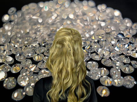 CONTEMPLATION OF THE MIND OF THE LIVING: This image shows a woman with long, flowing blonde hair standing with her back to the camera, facing a large pile of diamonds scattered on a dark surface. The diamonds are out of focus, creating a blurred effect, suggesting the woman is captivated by their sparkle.