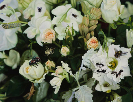 THE HAPPY LIFE: A close-up image showcasing a variety of white flowers in bloom with different insects resting on them. The image features a mix of delicate petals, green foliage, and tiny creatures adding detail to the botanical scene.