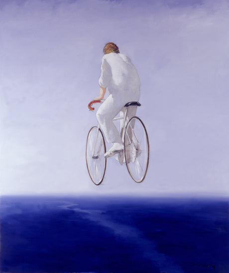 DREAM, CHILDREN PLEASE: A painting of a person riding a bicycle above a body of water. The bicycle and rider are white, and the sky is white. The water is a deep blue. The person is facing away from the viewer, and their back is turned. The painting is stylized, and it is unclear if the person and bicycle are actually flying or if the painting is depicting a surreal scene.