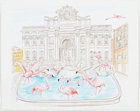 FLAMINGOS FLOCK TO THE TREVI FOUNTAIN: A whimsical illustration depicts a scene in Rome, Italy, where a group of pink flamingos are playfully bathing in the Trevi Fountain. The iconic Baroque fountain is rendered in a simple, line-drawing style, highlighting the playful juxtaposition of the elegant architecture with the unexpected presence of the birds.