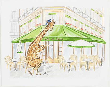 GIRAFFE'S PARIS TEA TIME: This illustration depicts a giraffe sitting at a table outside a cafe in Paris, France. The giraffe is wearing a blue hat and holding a cup, seemingly enjoying an afternoon tea. The cafe has a green awning and is surrounded by other Parisian buildings.