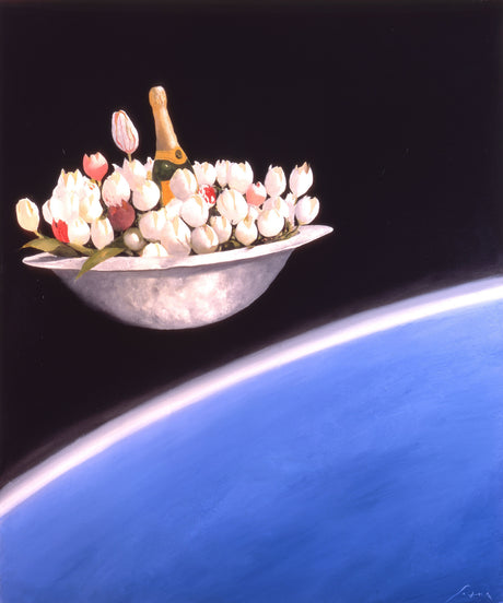 GIVE MY REGARDS TO BROADWAY: A painting depicting a silver bowl filled with white tulips and a bottle of champagne floating in space above the Earth. The bowl is positioned above a blue and white Earth, with black space surrounding the bowl. The painting has a surreal and whimsical feel, suggesting a celebratory moment in an unexpected location.