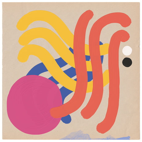 SWIRL: This abstract painting features a vibrant color palette of yellow, red, blue, and pink shapes. The background is a soft beige, allowing the bold colors to stand out. The shapes are organic and flowing, creating a sense of movement and energy. The composition is asymmetrical, adding to the dynamic feeling of the piece.