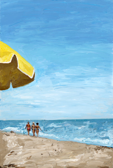 3 LADIES ON THE BEACH MIAMI: A painting depicting three figures walking on a sandy beach, viewed from behind. They are walking toward the blue ocean with small waves. A yellow umbrella, positioned in the foreground, provides shade from the bright summer sky.