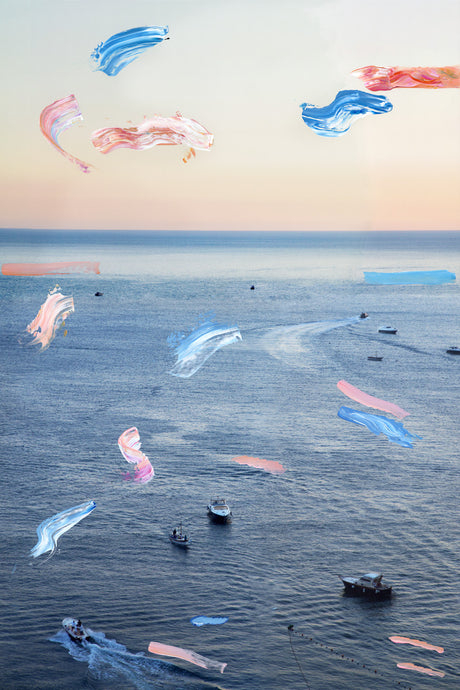 AMALFI MOVEMENT: The photo captures boats navigating the ocean waters. The background features a calming sunset with a pink and orange sky. Superimposed over the photo are abstract shapes in a variety of blue and pink tones.