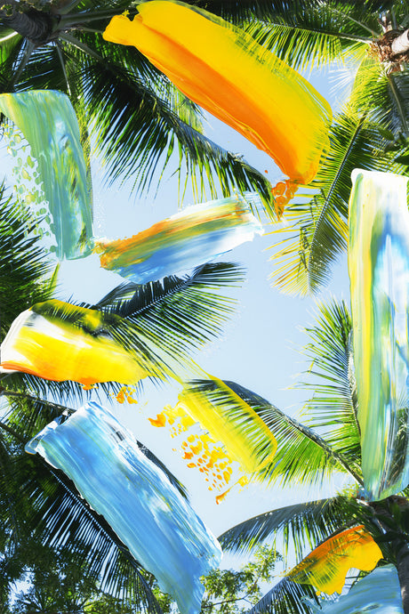 LOOK UP: A close-up image of palm tree fronds against a blue sky. The image is enhanced with vibrant yellow, blue, and green paint strokes that seem to be floating above the leaves. The colors and brushstrokes create a sense of movement and energy, while the palm fronds provide a natural, tropical backdrop.