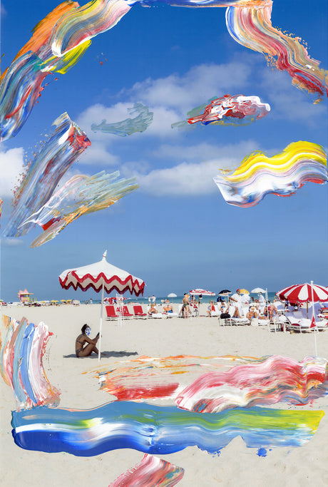 RED UMBRELLA: This image features a vibrant beach scene with colorful paint strokes layered over it. The beach is filled with people relaxing under umbrellas, while a woman sits under a large white and red striped umbrella. The sky is a bright blue with fluffy white clouds, and the sand is white. The paint strokes are in various colors, including red, yellow, blue, and green.