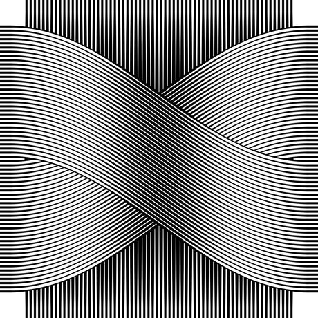 CONTINUATION 3 01: A digital illustration of a black and white, abstract pattern comprised of curved lines. The curved lines create a sense of movement and depth, while the stripes add a textured element to the design. The overall effect is one of modern, geometric simplicity.