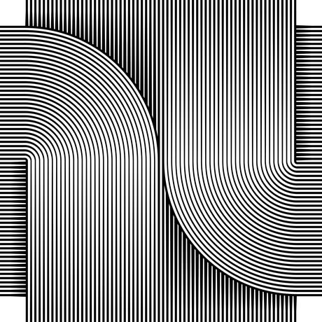 CONTINUATION 3 02: This image features a black and white abstract design composed of curved lines arranged in a repeating pattern. The lines are thin and closely spaced, creating a sense of movement and depth. The design is visually interesting and can be used for various applications, such as wallpaper, fabric, or digital art.