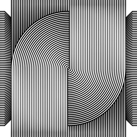 CONTINUATION 3 13: This image is a close-up of an abstract art design featuring black and white stripes forming curved lines and shapes. The design is a bold and striking visual, playing with negative and positive space to create a sense of depth and movement.