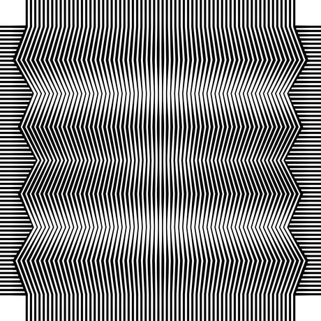 CONTINUATION 3 17: A digital illustration featuring a repeating pattern of black and white zigzag lines. The lines are arranged in a symmetrical design, creating a mesmerizing optical illusion. The background is a solid white color, highlighting the contrast of the black lines.