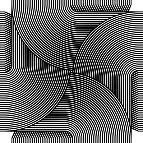 CONTINUATION 3 18: A black and white abstract illustration featuring a geometric pattern of overlapping circles formed by multiple concentric stripes. The circular pattern creates a sense of depth and movement, with the stripes creating a dynamic visual effect.