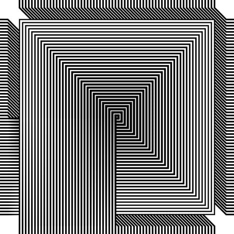 CONTINUATION 3 24: This is a digital artwork featuring a black and white optical illusion. The image is comprised of a square made up of alternating horizontal stripes. A smaller square, also made up of striped lines, is situated inside the larger square, and a spiral is positioned at the center.