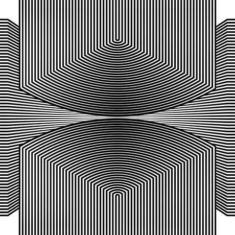 CONTINUATION 3 28: This abstract image features a symmetrical design composed of black and white stripes arranged in concentric curves. The pattern creates a sense of depth and movement, with the stripes appearing to converge and diverge in the center of the image.