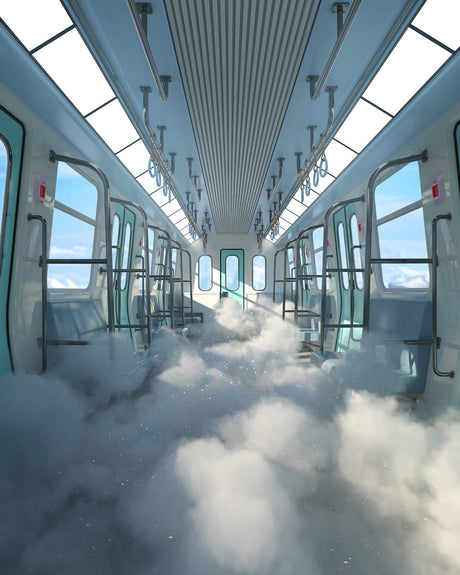 OVER THE CLOUDS: An empty train car, devoid of passengers, is completely filled with thick white clouds, creating a surreal and ethereal atmosphere. The windows show a bright blue sky, suggesting a daytime setting. The overall effect is one of dreamlike wonder, inviting viewers to contemplate the unexpected and the possibilities of imagination.