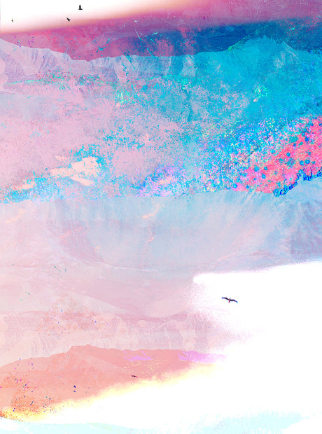 THE PAINTED DESERT 1: An abstract image of birds flying over a sky with pink, blue, and white clouds. The image appears to have been taken from a high angle. The clouds are soft and fluffy, and the birds are small and distant. The image is reminiscent of a dreamy or ethereal landscape.