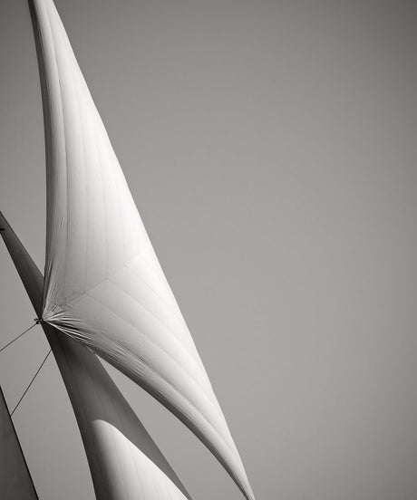 SAILS IX COTE D'AZUR: A black and white photograph of a sailboat with its sails billowing in the wind. The sails are white and the sky is clear, creating a striking contrast. The image is taken from a low angle, emphasizing the height of the sails.