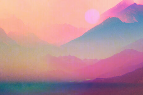 DISSOLUTION IV: This image is a digital painting that depicts a mountain landscape at sunset. The sun is setting behind the mountains, casting a warm glow across the scene. The mountains are a mix of pink, blue, and purple hues, and the sky is a soft orange color. The image has a dreamlike, ethereal quality.