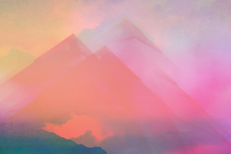 PYRAMIDS OF CHI I: A blurry, dreamy image of a mountain range silhouette against a sunset sky. The colors are soft and pastel, with shades of pink, orange, and yellow. The mountains are barely visible through a haze of clouds.