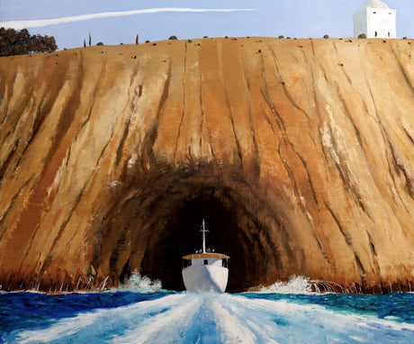 COMING HOME: A painting depicting a boat exiting a sea cave beneath a tall, sheer cliff. The cliff is a golden brown color with visible striations and a white building on top. The boat is white and has a wooden deck. The water is blue and the wake from the boat is visible. The sky is a light blue with a few white clouds.