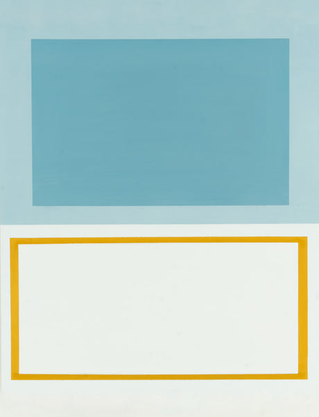 ACROSS THE SKY: This minimalist abstract art piece features two rectangles, one blue and one white with a yellow outline, on a light blue background. The juxtaposition of the colors and shapes creates a visually striking and simple design.