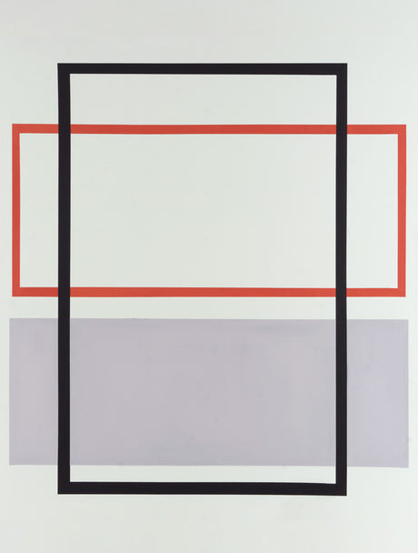 COUPLING: This minimalist abstract painting features three geometric shapes. A large black square frame is placed in the center of the canvas, with a red horizontal line partially overlapping the frames top and a purple horizontal line partially overlapping the frames bottom. The lines create a sense of depth and dimension, while the contrasting colors add visual interest.