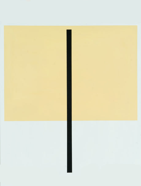 PENETRATION: This abstract painting features a bold black vertical line extending from a yellow rectangle against a white background. The simple composition and strong geometric shapes create a minimalist and visually striking piece.