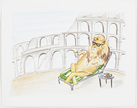 LION RELAXING AT THE COLOSSEUM: A cartoon lion, wearing sunglasses, relaxes on a lounger in front of the Colosseum in Rome. The lion is holding a drink and appears to be enjoying the warm weather.