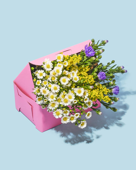 CAKEBOX WILDFLOWERS: This image shows a pink box overflowing with a variety of flowers, including daisies, wildflowers, and purple blooms, all arranged in a bouquet against a light blue background. The box is open and tilted slightly, giving the impression that the flowers are bursting out of it.