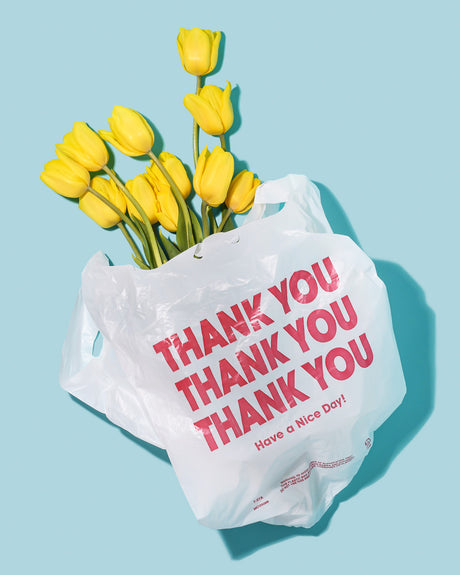 THANK YOU TULIPS: A close-up image of a white plastic bag with the words Thank You printed on it, filled with a bouquet of yellow tulips. The bag is laying on a light blue surface.