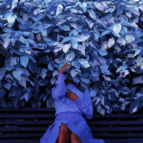 INSIDE THE MAGIC: A woman, dressed in a blue dress, sits on a black bench. Her face is hidden behind a dense wall of leaves, all rendered in shades of blue. The blue leaves create a sense of mystery and intrigue.