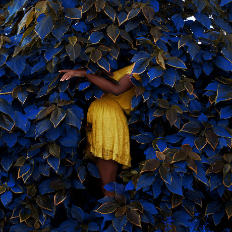 MIXED REALITIES: A woman wearing a yellow dress partially hides behind a vibrant blue foliage wall, her arm reaching out from behind the leaves. The image captures a sense of mystery and seclusion, as if the woman is seeking refuge or trying to remain unseen. The contrasting colors of the yellow dress and the blue leaves create a striking visual.