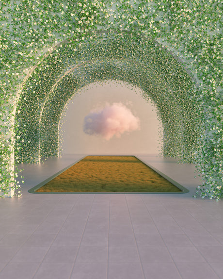 3 ARCHES: A 3D rendering of a pathway lined with arched green vines, blooming with tiny white flowers. The path leads to a small, rectangular sand patch, with a single, fluffy, pink cloud floating above in a light blue sky.