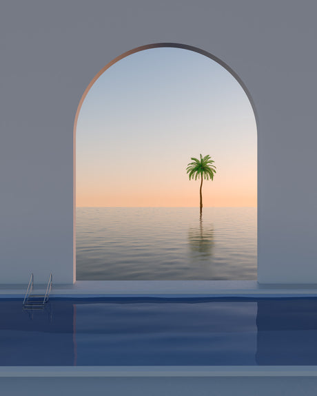 PALM TREE: A serene scene captured through an arched doorway, showcasing a lone palm tree standing tall in a still ocean. The setting sun casts a warm glow over the horizon, creating a picturesque backdrop. The tranquil waters and the simplicity of the composition evoke a sense of peace and serenity.