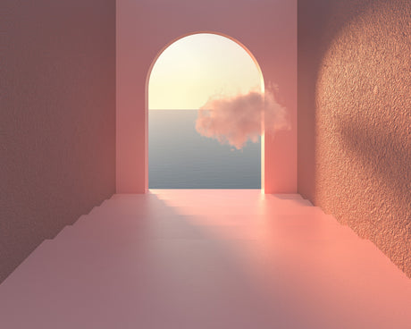 PINK ARCH CLOUD: A digital rendering of a pink room with a large arched window overlooking a view of a blue ocean and a single puffy white cloud against a setting sun. The room features a light pink floor, and the walls are a slightly darker shade of pink with a textured appearance.