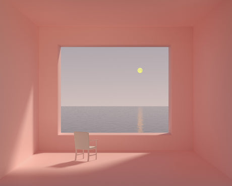 PINK ROOM: An image depicting a single white chair in a minimalist pink room. A large window frames a view of the ocean and a setting sun. The scene is simple and evokes a sense of calm and contemplation.