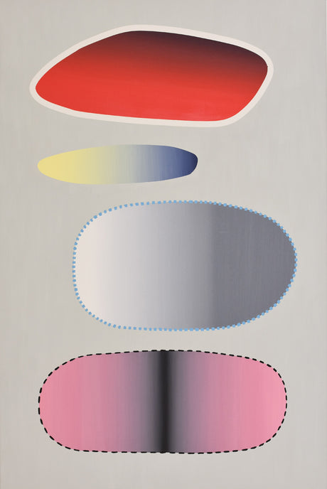 HONES 1: This abstract digital painting features four gradient shapes on a grey background. The top shape is red with a white outline, the second is yellow to blue, the third is white to grey with a blue dotted outline, and the bottom shape is pink to black with a black dashed outline. The shapes are arranged vertically and create a sense of balance and harmony.