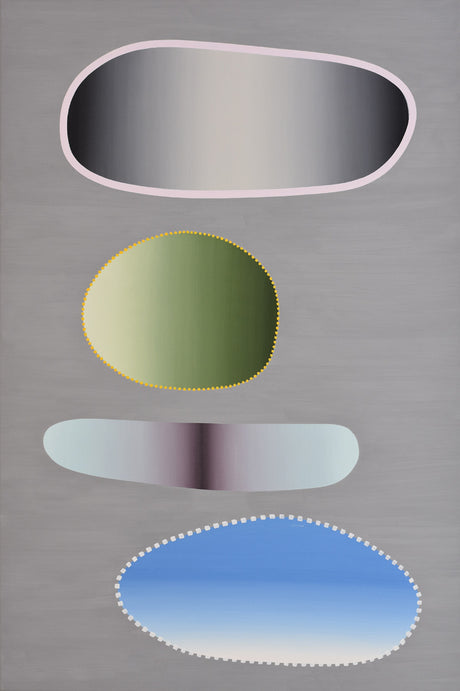 HONES 2: This abstract painting showcases four oval shapes arranged vertically, each displaying a gradient of color with a thin white or gold border. The top oval is a dark grey to white gradient, followed by a green to white gradient, then a purple to blue gradient, and finally a blue to white gradient.