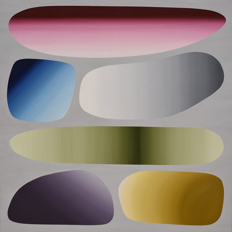 QU HONES: An abstract digital painting featuring six gradient shapes in various colors, including pink, blue, white, green, purple, and yellow. These shapes are arranged in a semi-random pattern against a solid gray background. The artwork appears to be a modern digital creation, showcasing a variety of vibrant hues and smooth transitions.