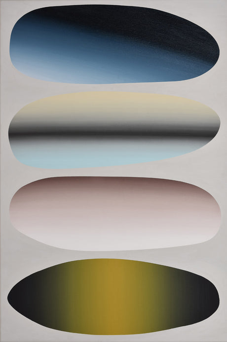 STOLES: This abstract painting depicts four oval shapes stacked vertically on a white canvas. The shapes are composed of varying shades of blue, yellow, gray, and pink, creating a sense of depth and dimensionality. Each shape has a subtle gradient, adding to the visual interest of the composition.