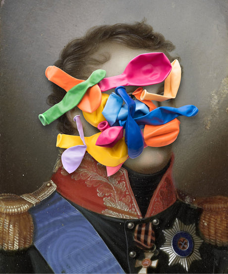 CIRQUE BALLONS V3: A portrait of a man in a military uniform is obscured by a cluster of brightly colored balloons. The balloons cover his face and part of his chest, leaving only his neck and shoulders visible. The mans expression is obscured by the balloons, creating a sense of mystery and amusement. The image is a playful commentary on the nature of power and authority, suggesting that even those in positions of great influence can be vulnerable and susceptible to the whims of fate.