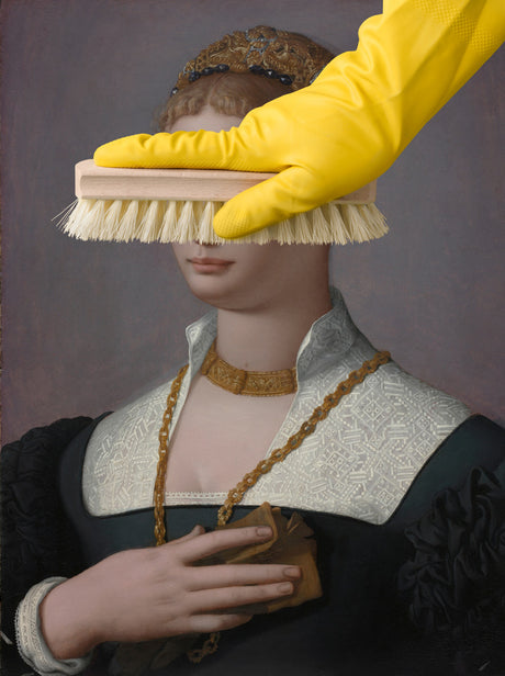 NETHER: A gloved hand holds a cleaning brush over the face of a Renaissance portrait. The brush is covering the womans eyes and forehead. The woman is dressed in a white and black gown with a gold necklace.