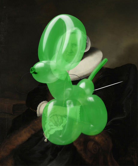 PLEASE LAUGH: An image of a green balloon dog in the foreground, superimposed over a painting of a man in a dark, lavishly-dressed coat. The image captures the interplay between modern and classic art, creating a humorous and surreal effect.