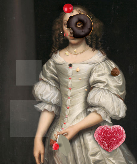 SIT DOWN FUNNY FACE: A portrait of a young woman in a white dress, holding a lollipop with a red cherry on the end. She is holding a letter in her other hand. A chocolate donut is covering her face and there are several other candies and sweets around her. The portrait is painted in a realistic style and has a whimsical and playful tone.