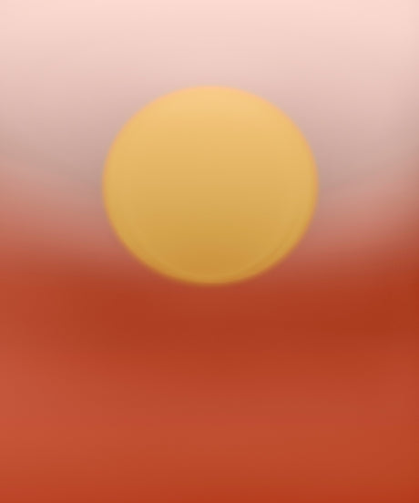 ENDLESS SUMMER NO13: An out-of-focus photograph capturing the setting sun, appearing as a bright yellow circle against a soft pink and red gradient sky. The sun is almost entirely obscured by haze, leaving a dreamy and ethereal feel to the image.