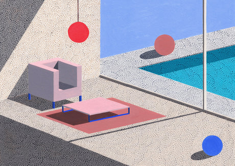 HOME 1: This illustration features a stylized depiction of a modern poolside patio. The image is composed of geometric shapes, such as a square armchair, a rectangular coffee table, and a rounded pool, all rendered in vibrant colors. The patio is decorated with a pink rug and the scene is illuminated by a red hanging sphere. The overall composition is abstract and visually appealing, creating a sense of calmness and tranquility.